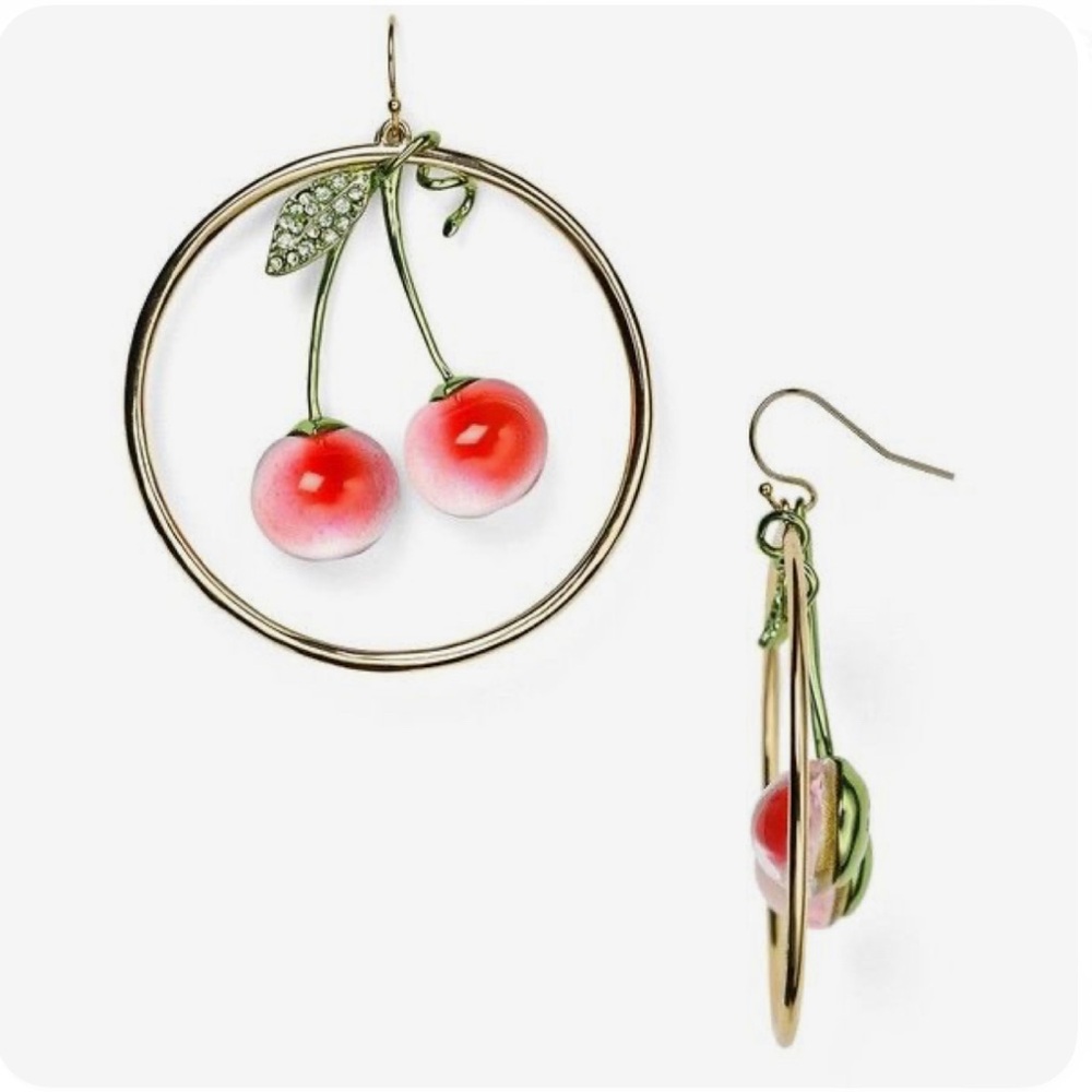 Alexis Bittar Gold Hoop Earrings with Pink-Red Cherry Drops